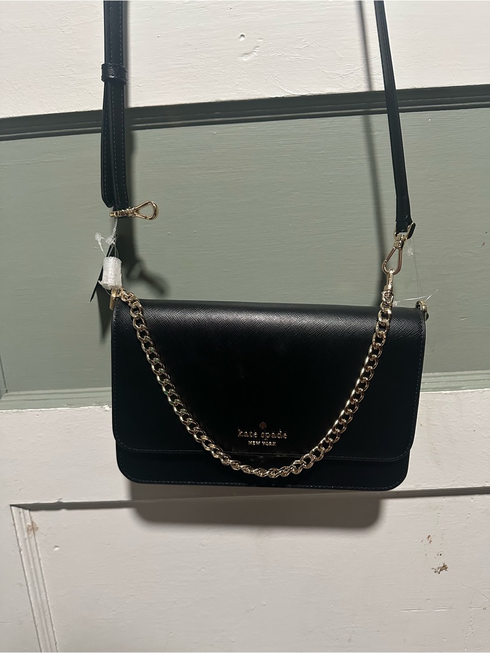 kate spade Black Leather Crossbody Bag with Gold Chain
